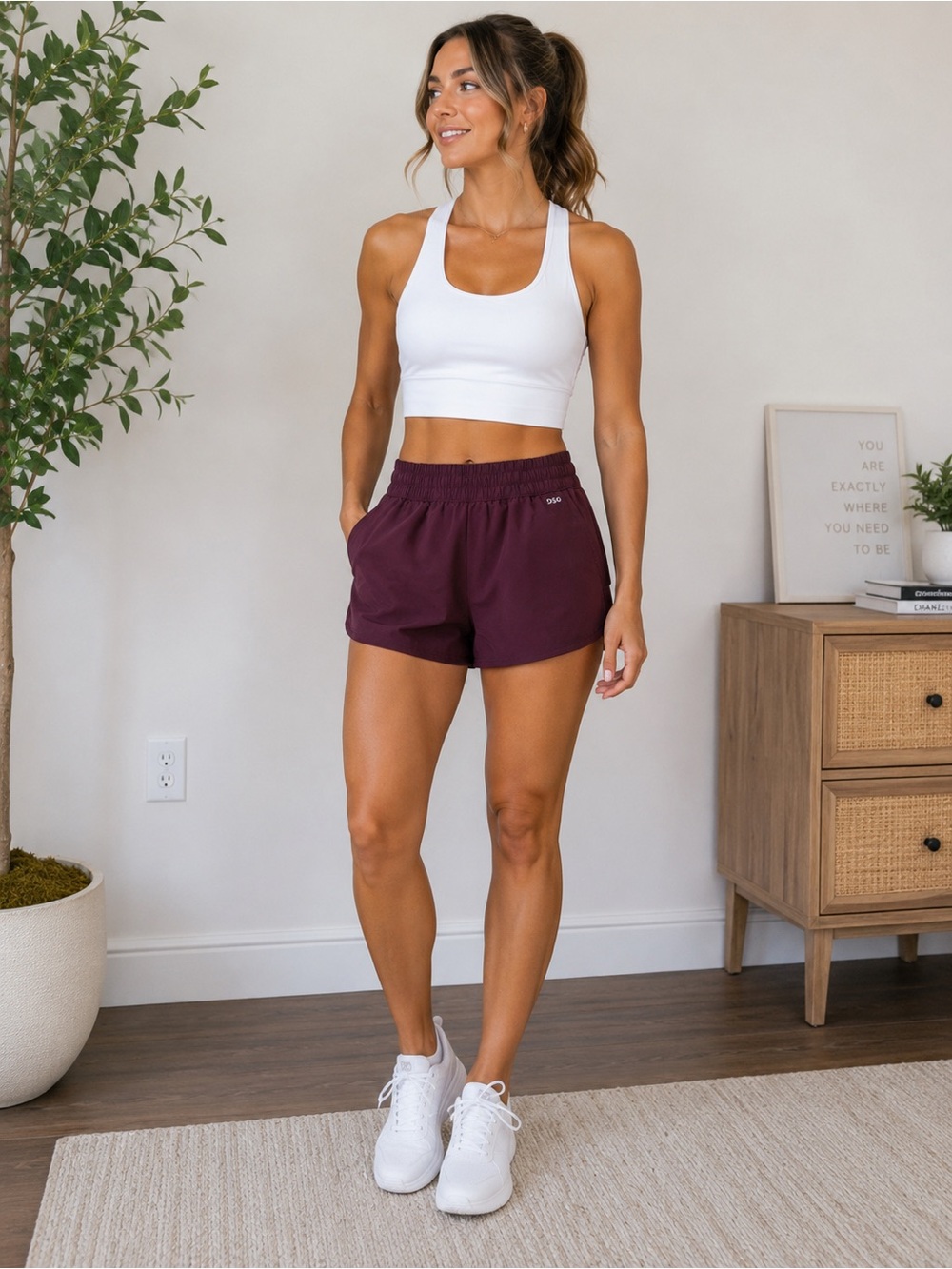 Burgundy High Waisted Running Shorts